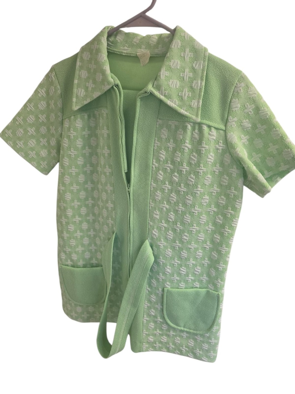 Vintage 70s Winston Mint Green Knit 2 Piece Set Zip Top & Pants Belted Sz 10